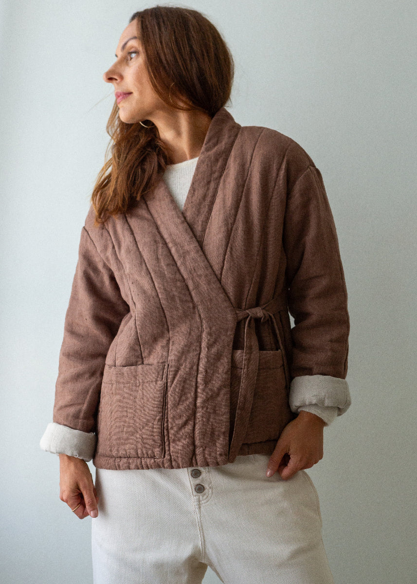 Quilted Linen Kimono Jacket - Hazelnut - Image 5