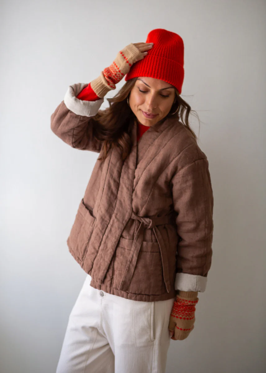 Quilted Linen Kimono Jacket - Hazelnut - Image 6