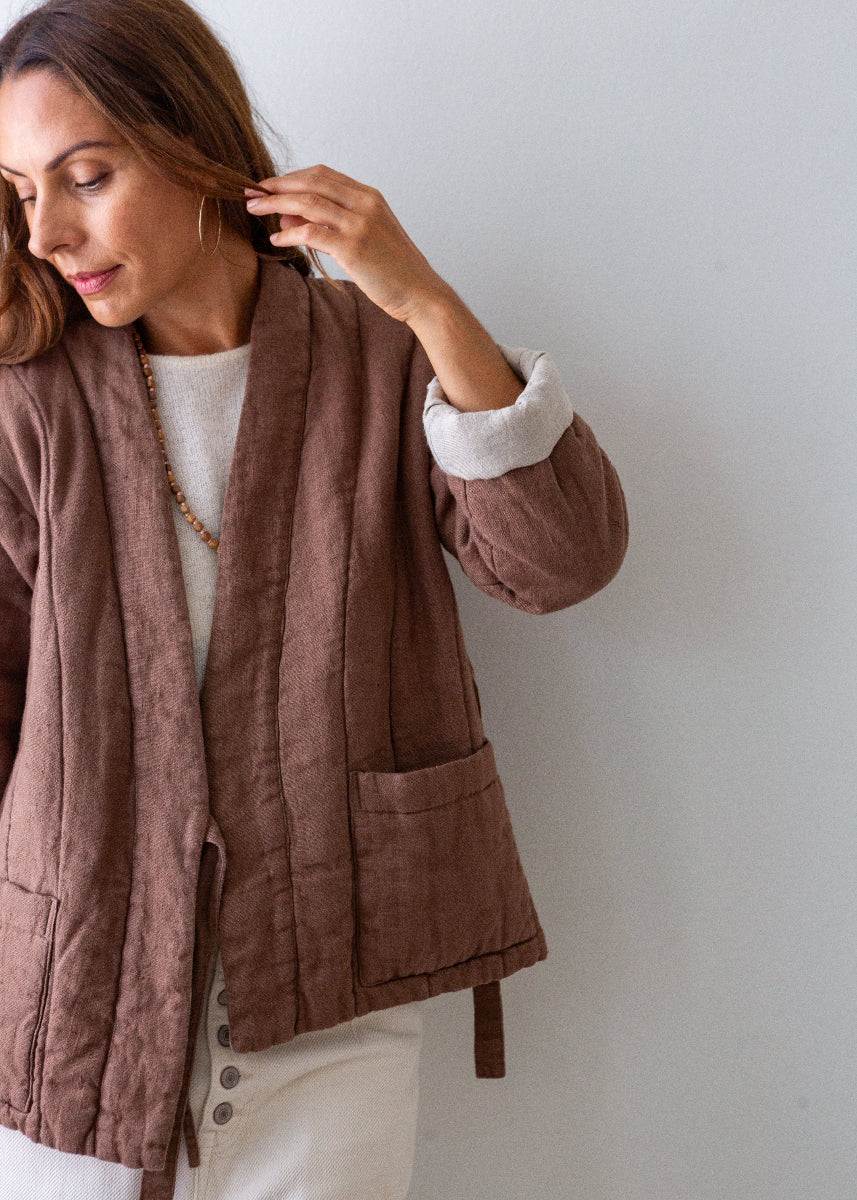 Quilted Linen Kimono Jacket - Hazelnut - Image 7