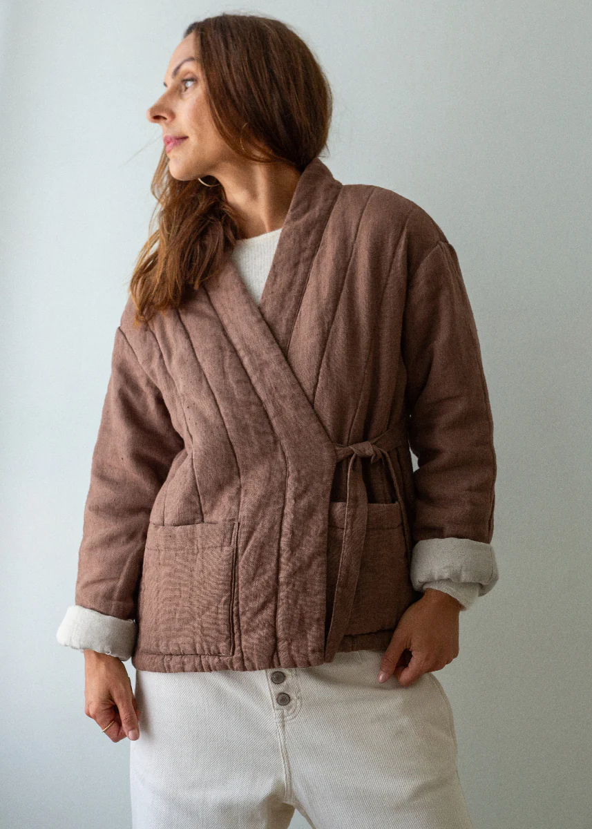 Quilted Linen Kimono Jacket - Hazelnut - Image 8