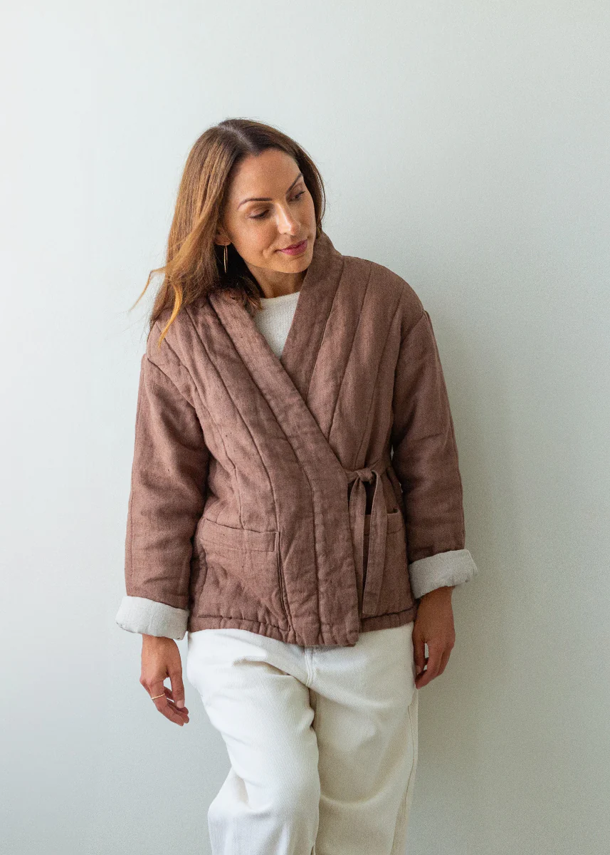 Quilted Linen Kimono Jacket - Hazelnut - Image 9